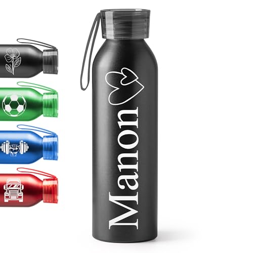 KDO MAGIC Gourde personnalisable - gourde personnalisée - Bouteille gravée 600 ml - Idéale pour le Sport, l'école, le bureau - Idée cadeau pour anniversaire, Noël (Noir)