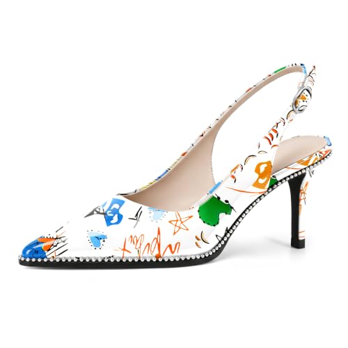 Image of YODEKS Slingback Heels for Women Pointy Toe Beaded Heels Close Toe Kitten Heel Pumps 2.5 Inch Stiletto Pumps Wedding Party Dressy Shoes