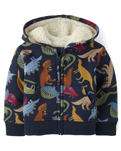 The Children's Place Baby Boys' and Toddler Long Sleeve, Sherpa Lined, Zip-Front Hoodie Sweatshirt, Blue Dino