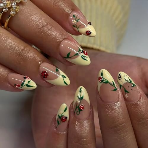 Yellow French Tip Press on Nails Almond Fake Nails with Ladybug G...