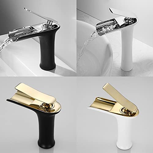 Grifo de lavabo de baño, grifo mezclador de cascada, construcción de latón, mango único para agua fría y caliente, diseño moderno, montaje en escritorio