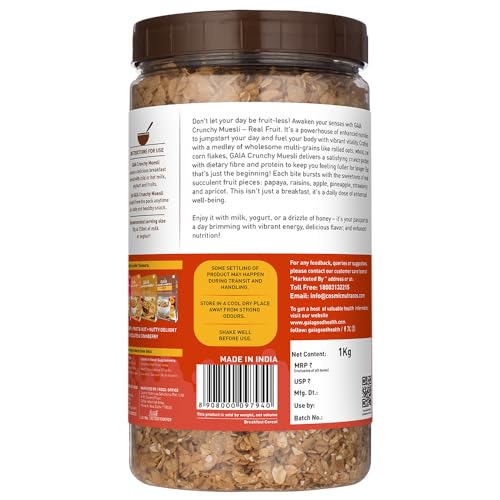 Image of GAIA Crunchy Muesli Real Fruit - Flakes, Oats, Almond, Raisins & Real Fruit, Low Calorie Healthy Breakfast, The Perfect Blend Of Crunch, Fiber-Rich Oats, Nuts, & Real Fruits, 1Kg Jar (Pack Of 2)