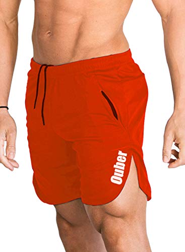 Ouber Men's Running Shorts Athletic Workout Gym with Zipper Pocket (Orange,XL)