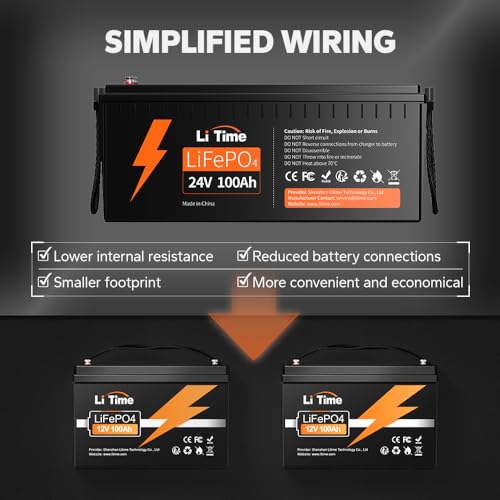 Image of LiTime 24V 100Ah LiFePO4 Lithium Battery with 29.2V 40A LiFePO4 Battery Charger, Built-in 100A BMS, Up to 15000 Cycles, Max. 2560W Load Power for RV /Camper, Solar, Trolling Motor, Marine, Off-Grid