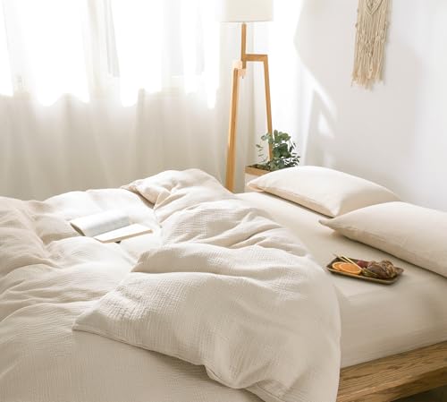 Image of VM VOUGEMARKET Beige Duvet Cover Queen Size - 3 Pieces Muslin Cotton 3-Layer Guaze Textured Bedding Set,Includes 1 Duvet Cover 90x90 Inches with Zipper Closure & 2 Pillowcases