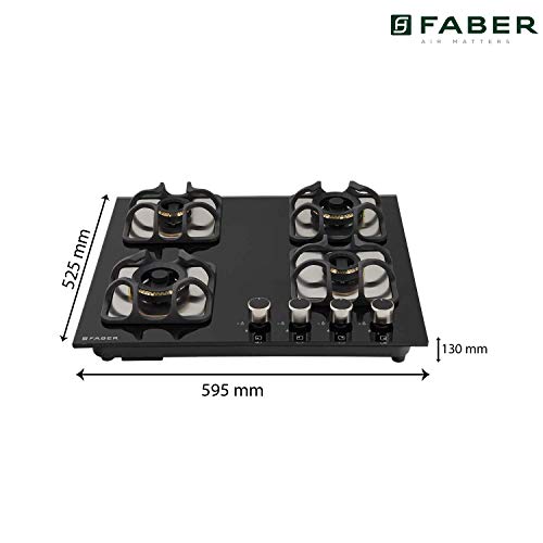 Image of Faber Mild Steel Hobtop Imperia Plus 604 BRB Ci Bk 4 Brass Auto Ignition Burner Auto Electric Ignition Glass Top (Black),Glass and Mild Steel