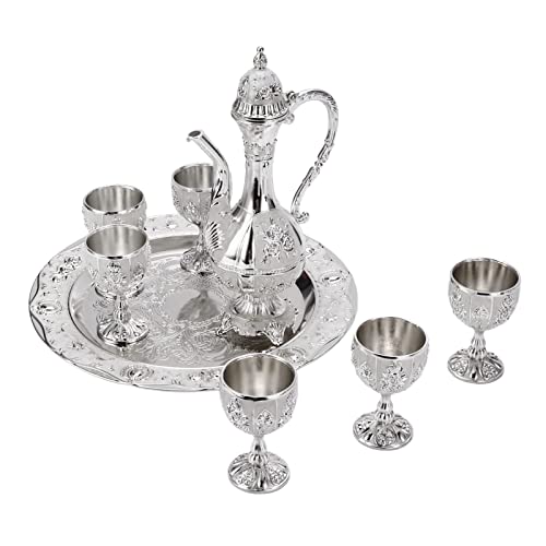 Alvinlite Retro Turkish Coffee Pot Collection, Silver Turkish Tea Set with 6 Coffee Mugs, Wine Decanter and Glasses Set, Turkish Copper Coffee Mug Collection for Home Tea Gathering