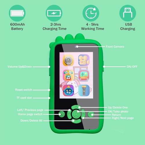 Image of Kids Smart Phone for Girls - Birthday Gifts for Kids Age 3-10 Toys Cell Phone, 2.8 inch Touchscreen with Dual Camera Selfie Phone - Toddler Learning Play Toy (Green Dino)