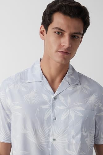Image of Peter England Men's Cotton Blend Classic Fit Floral Print Casual Shirt | Cuban Collar, Half Sleeves | Casual Wear