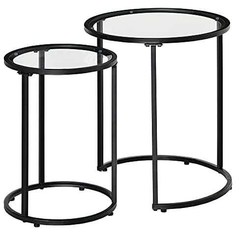 HOMCOM Juego de 2 Mesitas Auxiliares con Estructura de Metal y Tapa de Vidrio Cover