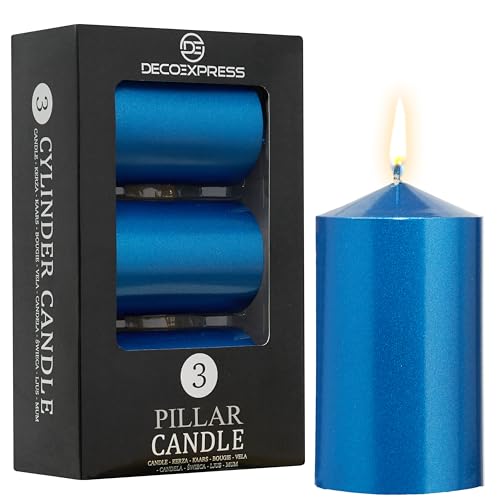 DECO EXPRESS Candele Decorative, Pacco da 3, Durata di Combustione di 30 Ore, Senza Profumo Vari Colori (Blu metallizzato - Confezione da 3)