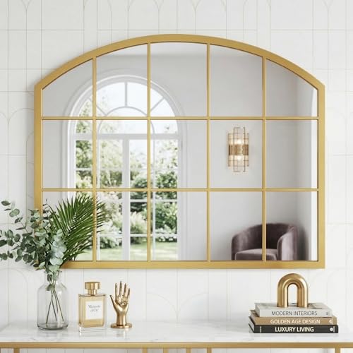 Image of Uniclinens Window Arched Wall Mirror - Gold Window Pane Mirror Decor with Metal Frame, Farmhouse Ideal Decor for Entryway, Bedroom, Living Room, Bathroom 32 inchX24 inch