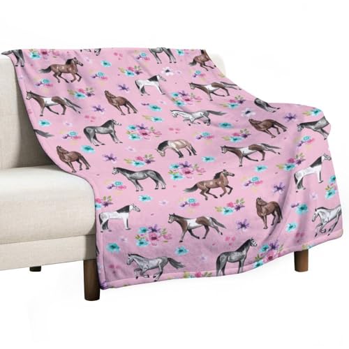 Luoivur Horses & Flowers Pink Pattern Little Girls Room Flannel Fleece Throw Blanket Fashion Lightweight Air Condition Blankets for Couch Sofa Living Room Travel 40