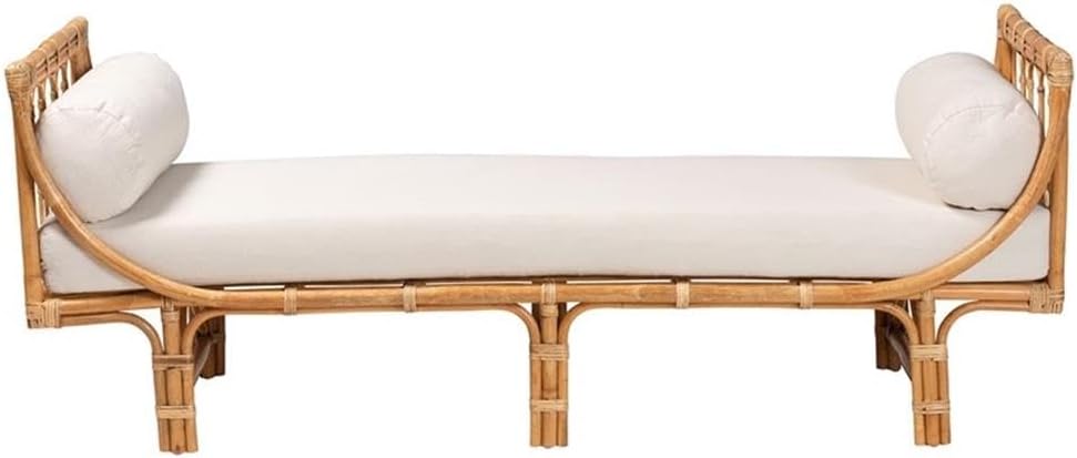 Pemberly Row Bohemian Rattan Daybed, 73"W x 29.5"H x 27"D, Natural Brown Finish, Handcrafted Openwork Design with Foam Cushions and 2 Pillows, Tropical Style Indoor Seating for Living Room or Bedroom
