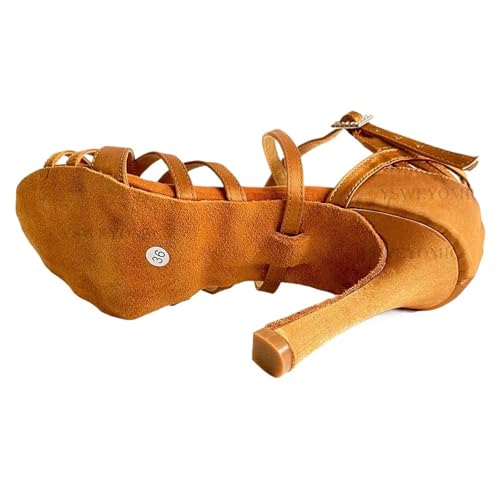 Dancing Shoes for Woman Brown Satin Soft Leather Latin Ballroom Dance Shoes Soft Indoor 10cm High Dance Heels3