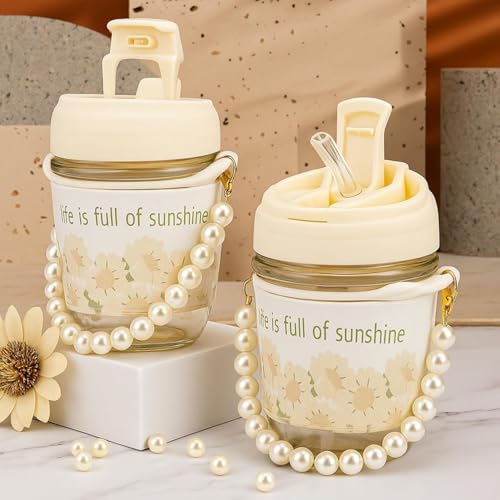 Image of Aesthetic Moti Mug with Pearl Chain Belt & Sleeve 350 ML, Set of 2 Coffee Glass Tumbler with Lid and Straw, Travel Sipper Cup for Coffee, Tea, Juice, Milk Cute Flower Design for Kids