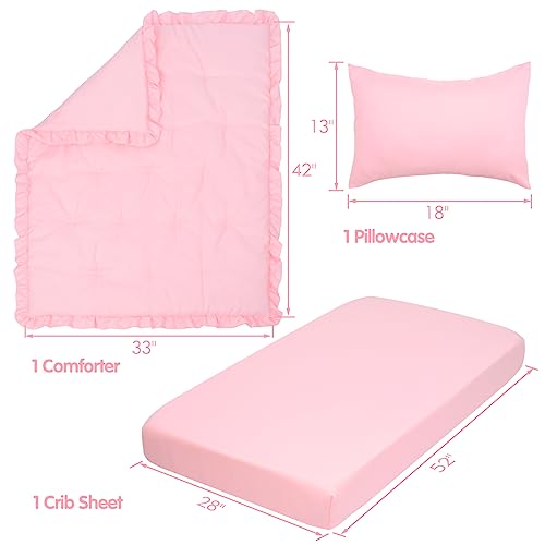 Image of JISEN 3 Piece Crib Bedding Set Soft Baby Ruffle Crib Comforter Set with Quilt, Sheet, Pillowcase - Nursery Bedding for Boys or Girls Pink