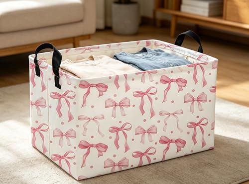 Image of Pink Baskets Girls Basket Rectangular Cute Storage Bin for Room Decor(Pink bownot)