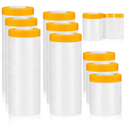 Image of Seajan 9 Roll Painters Plastic with Tape Pre Taped Masking Film for Painting Automotive Paint Adhesive Protective Film Masking Tape Roll Plastic Painting Covering (White,22 /43 /59in X 66ft)
