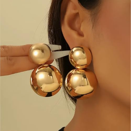 Gold Chunky Ball Bead Earrings for Women Dangling Vintage Large Geometric Half Round Balls Drop Dangly Earring Hippie Oval High Polished Jewelry Accessories2