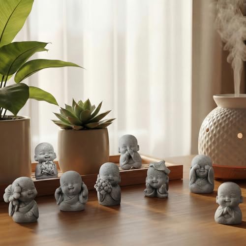 Juego de 8 estatuas pequeñas de Buda sonriente en arenisca miniatura 4