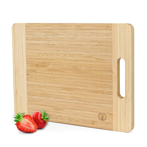 Bambuswerk I Schneidebrett Groß aus Holz mit stabilem Griff 33x24x2cm | Extra massives Bambus Holz Schneidbrett - Universales Küchenbrett, Holzbrett Küche, Smart Cover