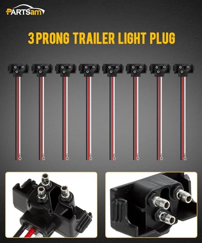 Image of Partsam 8X Truck Trailer Molded 3 Prong Pigtail Harness Stop Turn Tail Brake Backup Light