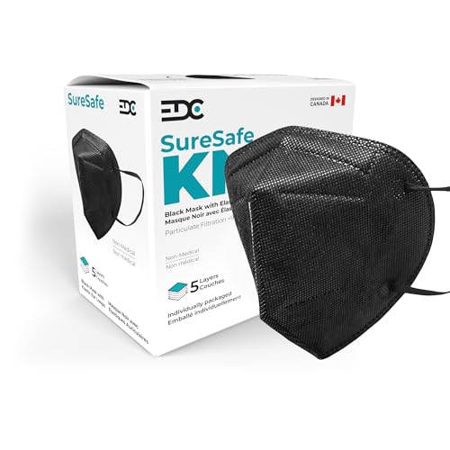 SURESAFE 50 Pack Black Mask – 5 Ply Face Mask, Masks Disposable for Adult With Adjustable Ear Loops & Nose Bridge, Dust Mask