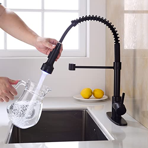 Bzoosiu Kitchen Faucet With Pull Down Sprayer, 17.65 Inch Solid Brass Commercial Spring Single Handle Led Kitchen Sink Faucet For Farmhouse Camper Laundry Utility Rv Bar Sinks, Matte Black #TOP4