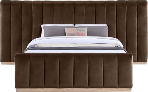 Image of Meridian Furniture AmaraBrown-Q117 Collection Modern | Contemporary Queen Bed, Ultra Luxe Brown 460 GSM Velvet, Natural Finish, Solid Wood Base and Inner Frame, 117 inch W x 99 inch D x 51 inch H, Brown, Queen