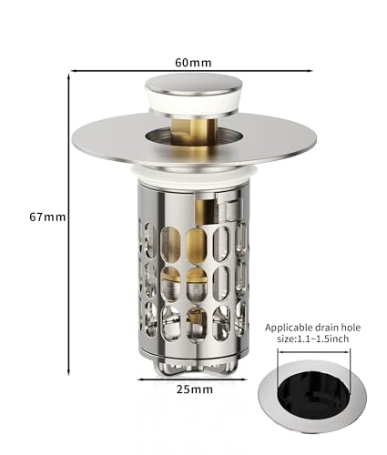 Image of QYHNYJF Upgraded Bathroom Sink Stopper with Hair Catcher - Universal Pop-Up Drain Plug, Stainless Steel & Silicone Seal for 1.1-1.5 Inch Drains,Brushed Nickel Finish (Brushed Nickel)