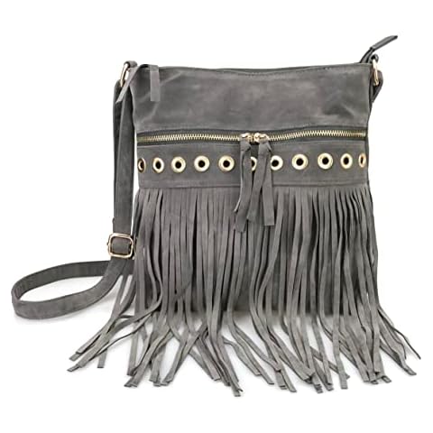 Hoxis Studded Tassel Zipper Faux Suede Leather Cross Body Bag Womens Purse (Gray) Cover