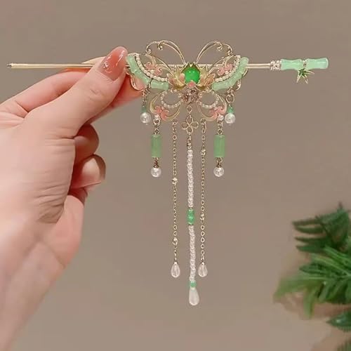 Image of Ashkash 1pc Traditional Chinese Butterfly Hairpin for Women, Elegant Metal Hair Stick with Dangling Chains and Beads, Fashionable Hair Accessory for Festive Occasions