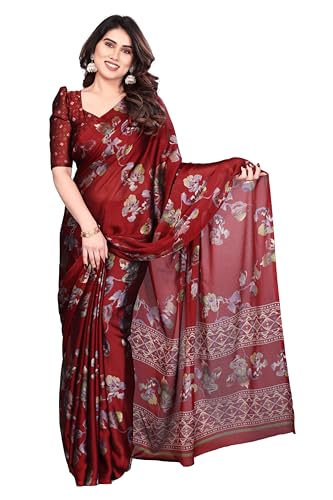 Image of SUPERLAXMI Women's Chiffon Floral Printed Saree with Blouse Piece