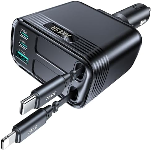 5-in-1 Retractable Car Charger for iPhone 17, 66W USB-C Car Adapt...
