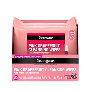 Neutrogena Oil Free Facial Cleansing Makeup Wipes with Pink Grapefruit, Disposable Acne Face Towelettes to Remove Dirt, Oil, and Makeup for Acne Prone Skin, Value Twin Pack, 2 x 25 ct