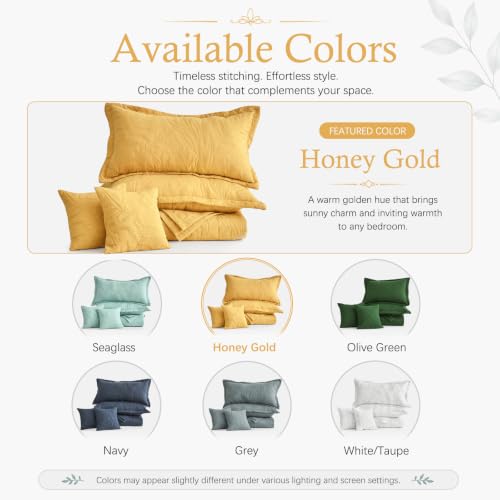 Image of HZ & HY Botanical Oversized Queen Bedspread, Stitched Leaf Quilt Set Queen Size, Lightweight Reversible Coverlet, Tailored Edge - Warm Botanical Look, 5 Piece, Honey Gold