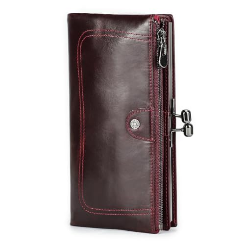Image of CONTACTS Kiss Lock Wallet for Women Leather Kiss Clasp Purse Bifold Wallets Card Phone Holder Clutch with Rfid Blocking (Red)