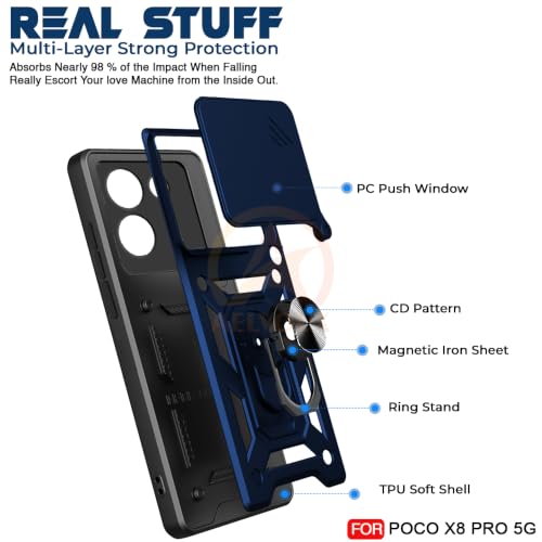 Image of Armor Bumper Back Cover Case for Poco X8 Pro 5G | Rotating Camera Cover, Ring Holder & Kickstand | Heavy Duty & 360 Degree Protection Poco X8 Pro 5G Back Cover (Blue)