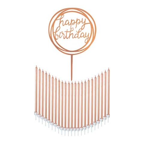 24 Count Tall Thin Metallic Rose Gold Slow Burning Birthday Candles in Holders with Matching Elegant Classy Cake Topper for Special Custom Birthday Cake Cupcake Decorations by Dream VZN Cover