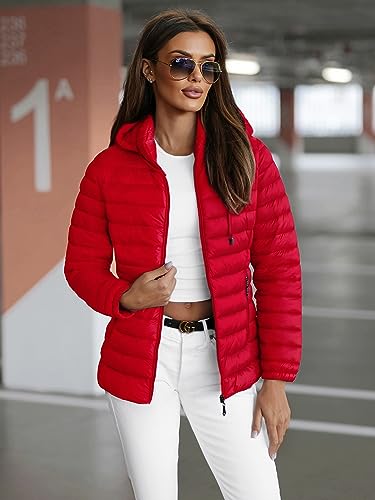 OZONEE Damen Übergangsjacke Regenjacke Jacke Übergang Jacken Herbst Bomberjacke Stehkragen Kapuze Steppjacke Kapuzenjacke Leichte Outdoor Puffer Jacket Gepolstert 777/4975K/270 ROT M