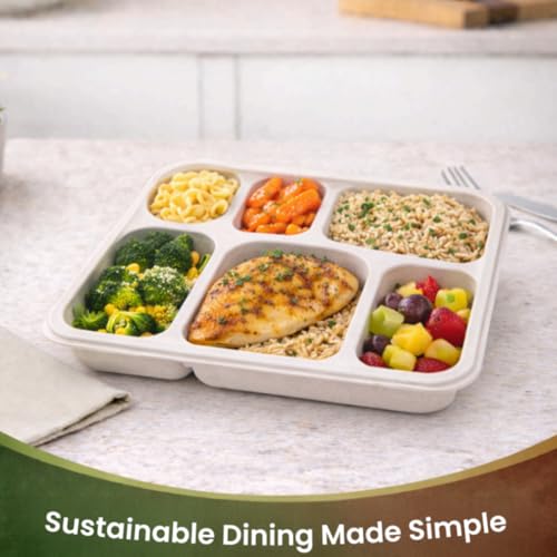 Image of Eco Bagasse 6 Compartment Meal Trays - Eco-Friendly Bagasse Disposable Plates - Strong Oil & Water Resistant Disposable Plates with Compartments for Parties, Catering & Events (Pack of 25)