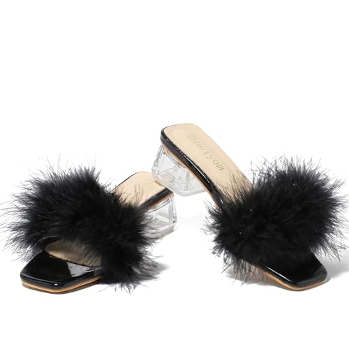 Women's Square Toe Heeled Sandals Low Block Chunky Heels Clear Mules Fluffy Feather Slip on Wedding Bridal Party Dress Shoes2