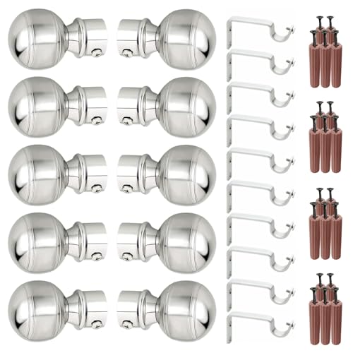 Image of GRIVAN Stainless Steel Curtain Bracket Parda Holder with Support 1 Inch Rod Pocket Finials Designer Door and Window Rod Support Fittings, Curtain Rod Holder (Silver Pair of 5)