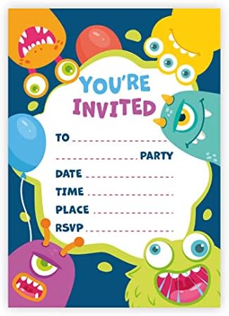 Kirsten McMillan 32 Monster Party Invites -Kids Childrens A6 Birthday Party Invitations with Envelopes  Designed and Printed in the UK