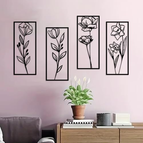DUOOLN Metal Flowers Wall Art Decor, 4pcs Minimalism Flower Hanging Iron Decoration, Modern Plant Potted Art Sculpture Sign, Home Bedroom Bathroom Outdoor Indoor Kitchen Feature Wall-15.7x6.69in