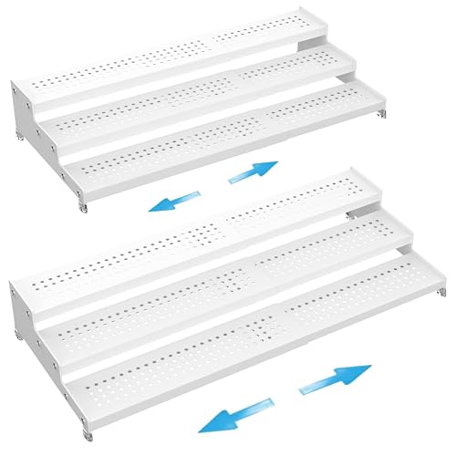 Expandable Spice Rack organizer with 3-Tier step shelf,Modern Design heavy duty,Non Skid and Visibility ,Great for Kitchen Cabinet,Bathroom,dressing table,Cupboard, Pantry and more(2PACKS/WHITE)