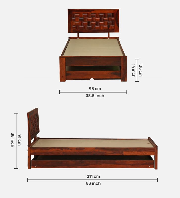 Image of Solid Sheesham Wood Woodora Single Size Trundle Bed with 1 Extra Pullout Bed | Wooden Single Bed Cot Palang Furniture for Bedroom Living Room Home and Hotel (Honey Oak Finish)