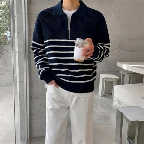 Men’S Half Zip Striped Turn-Down Collar Knitted Pullover Sweater Casual Long Sleeve Jumper Top2
