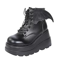 Maimeili Women's Gothic Platform Combat Boots with Bat Wings Lace-up with Buckle Straps Ankle Boot Chunky Platform Sole Fashion Studded Motorcycle Boots